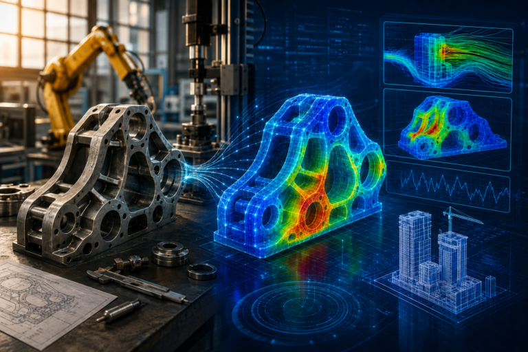 Virtual engineering simulation comparing physical prototyping with FEA, CFD, thermal analysis and digital engineering workflows.
