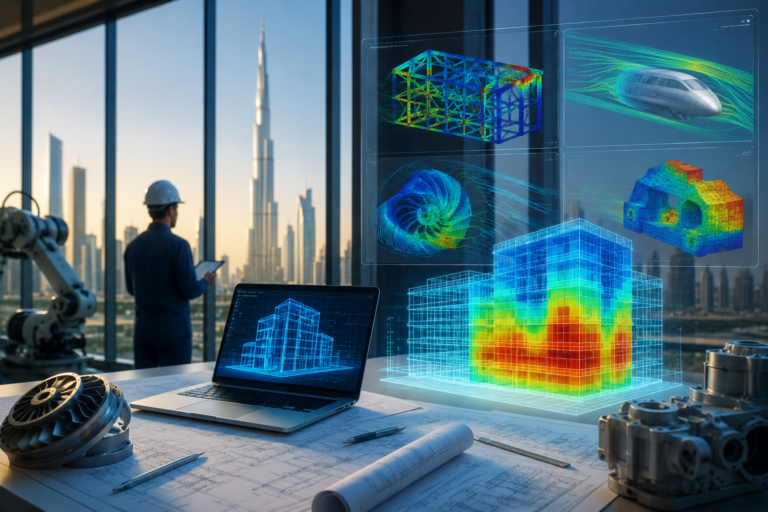 Futuristic engineering simulation consultancy workspace in Dubai with a digital building model, FEA stress analysis, CFD airflow visualization, thermal simulation, engineering components, and an engineer reviewing a virtual design against the UAE skyline.