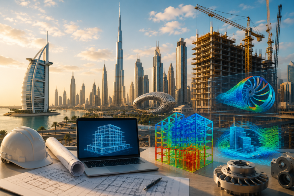 Dubai skyline with Burj Khalifa and modern construction projects, alongside FEA and CFD engineering simulation models, digital building analysis, blueprints, and engineering equipment representing physics-based engineering in the UAE.
