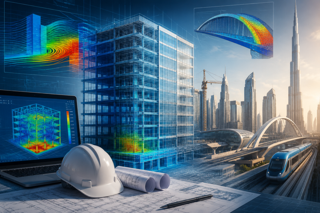 Engineering simulation services UAE featuring FEA and CFD analysis, BIM-integrated building design, structural simulation, and futuristic Dubai infrastructure.