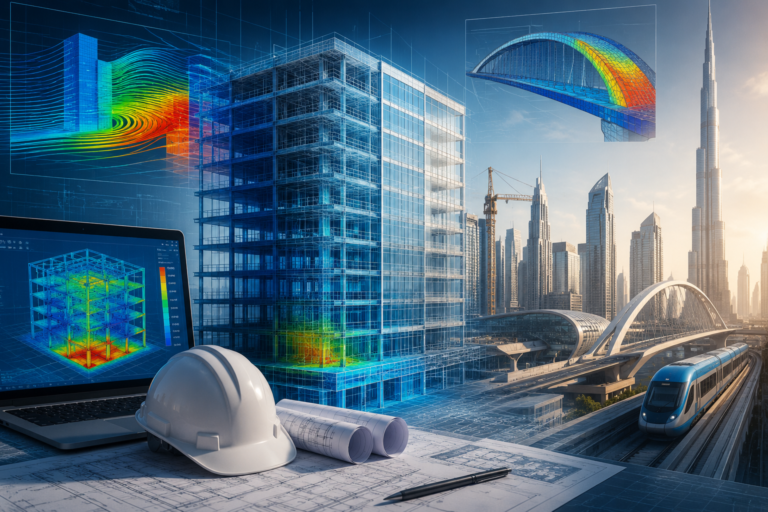 Engineering simulation services UAE featuring FEA and CFD analysis, BIM-integrated building design, structural simulation, and futuristic Dubai infrastructure.