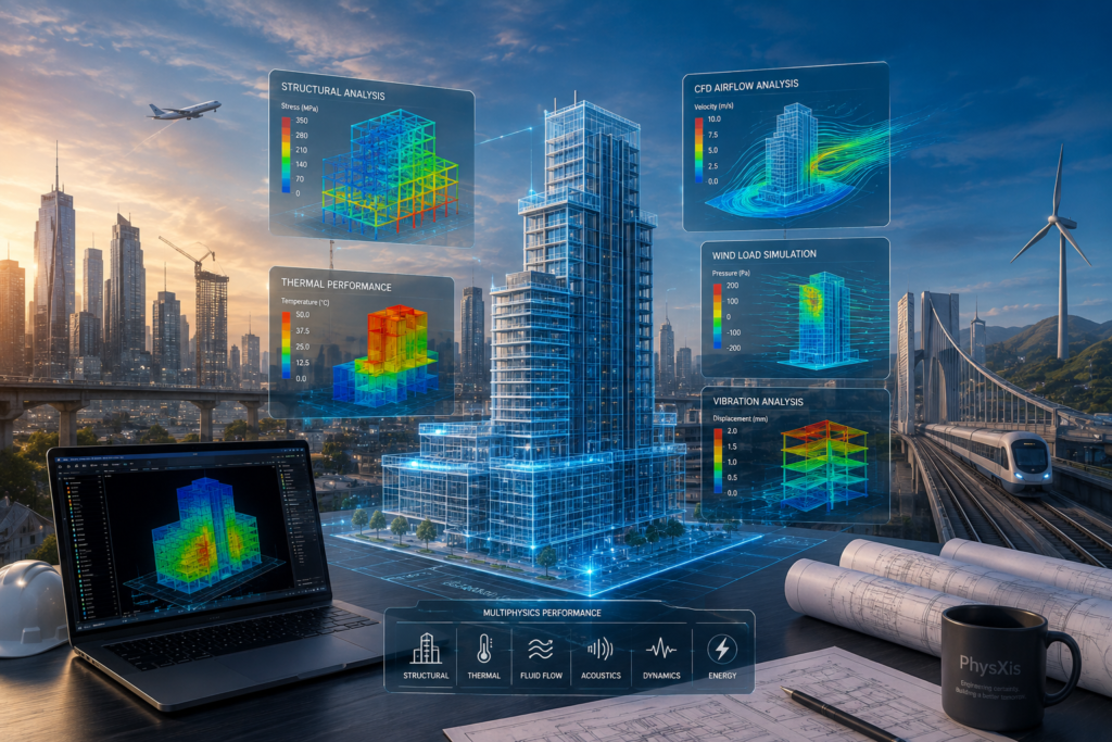 Engineering simulation for modern infrastructure featuring FEA, CFD, thermal, wind-load, vibration and multiphysics analysis of a high-rise building.