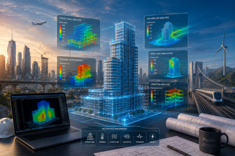 Engineering simulation for modern infrastructure featuring FEA, CFD, thermal, wind-load, vibration and multiphysics analysis of a high-rise building.